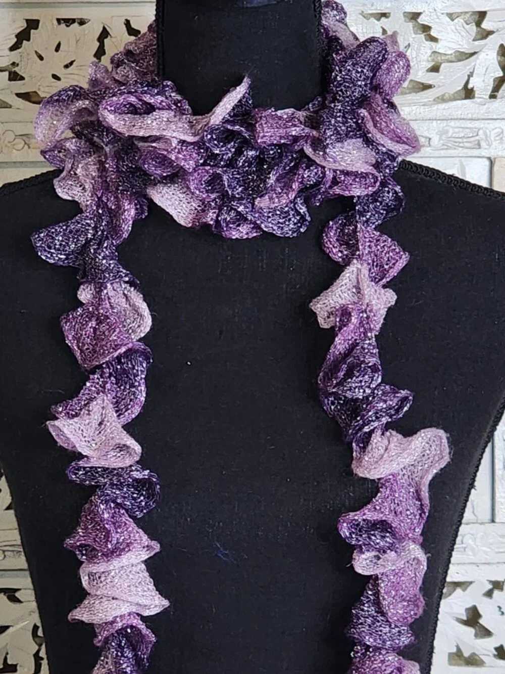 Handmade Crochet Purple and Lilac with Metallic Silver Threads Throughout Scarf